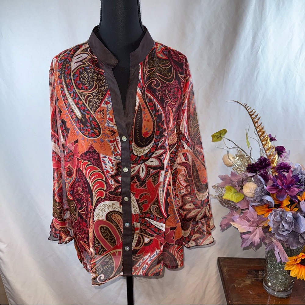 Investments XL Paisley Sheer Blouse Mandarin Collar Button Front